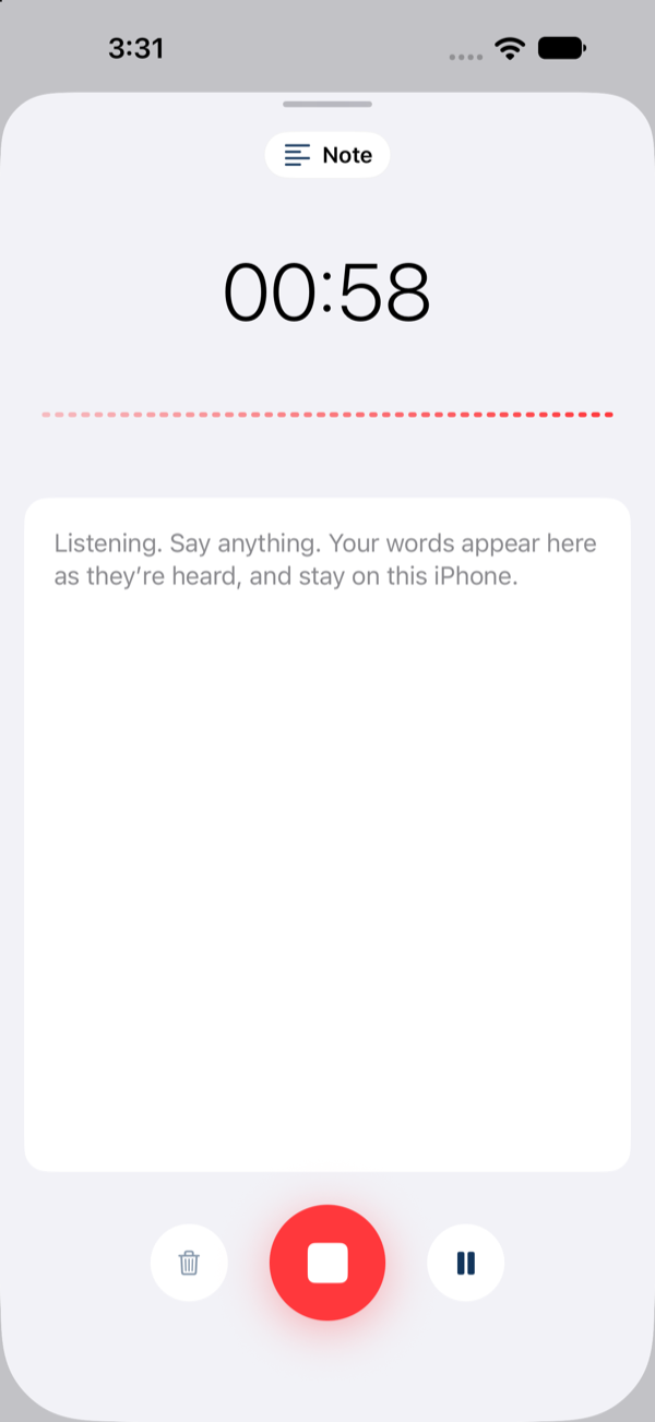 Recording in progress, with a timer and a live transcript.