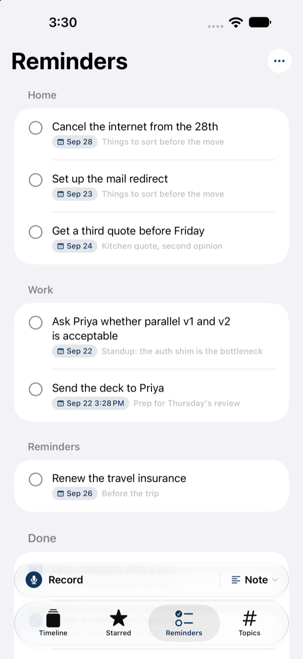 The Reminders tab, with to-dos grouped into Home, Work and Reminders lists.