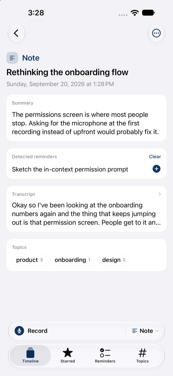 A note in ideal note, showing its summary, a detected reminder, the transcript and its topics.